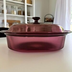 Corning Visions Cranberry Glass Oval Roaster Ribbed Casserole Dish with Lid